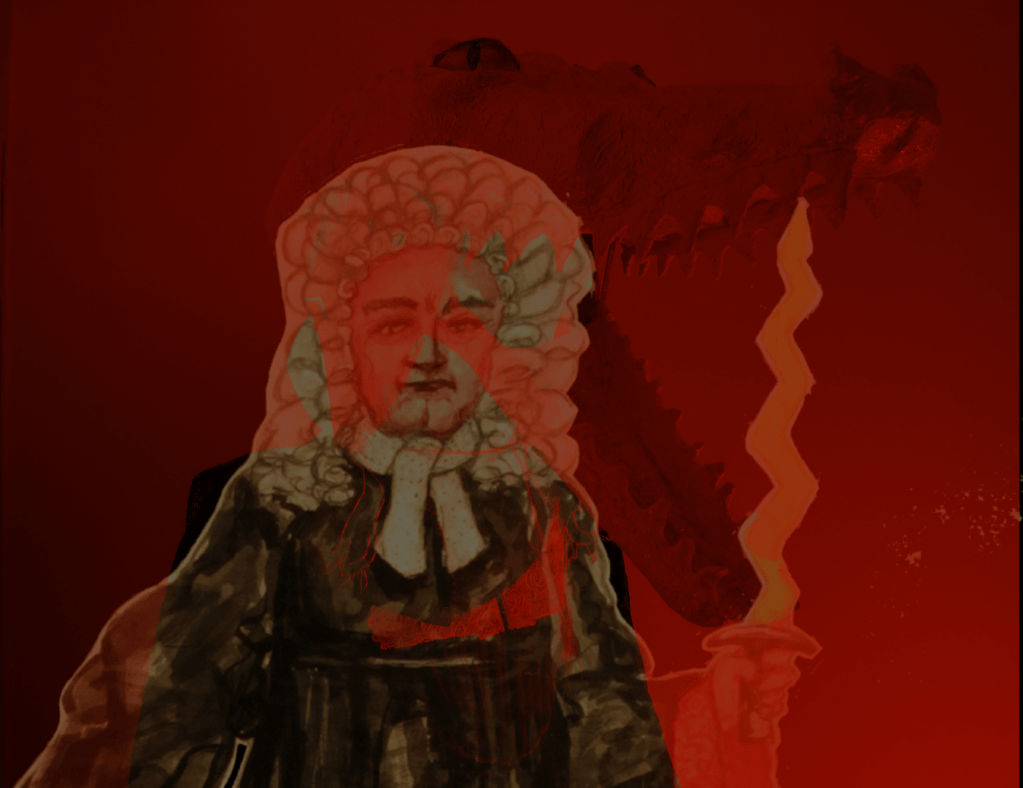 Judge with sword and in the background a crocodile