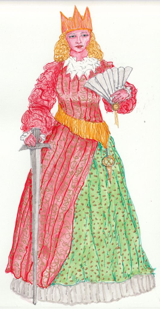 Queen with fan and sword